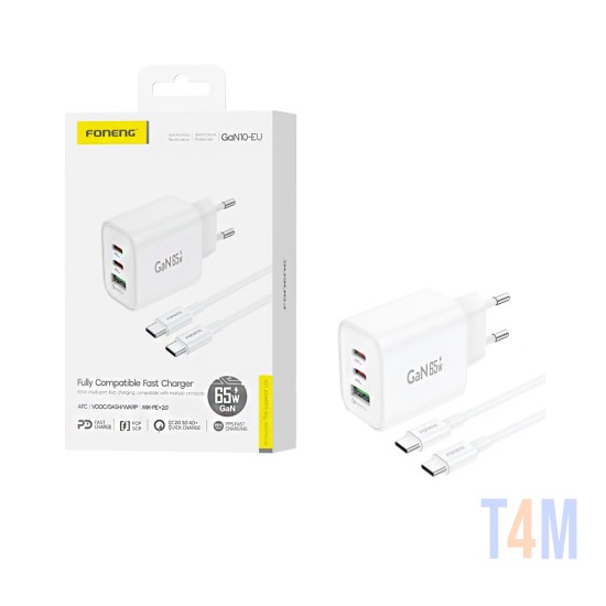 Carregador Foneng GAN10 3 Portas USB-A+2 Tipo-C PD 65W GAN com cabo Tipo-C para Tipo-C Branco